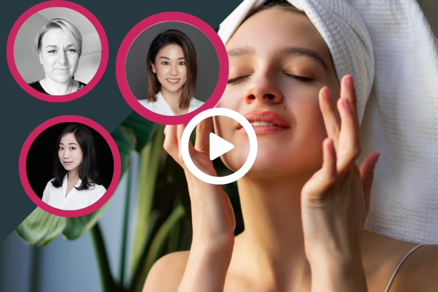 Three headshots of women next to a woman with a towel on her head touching her face.